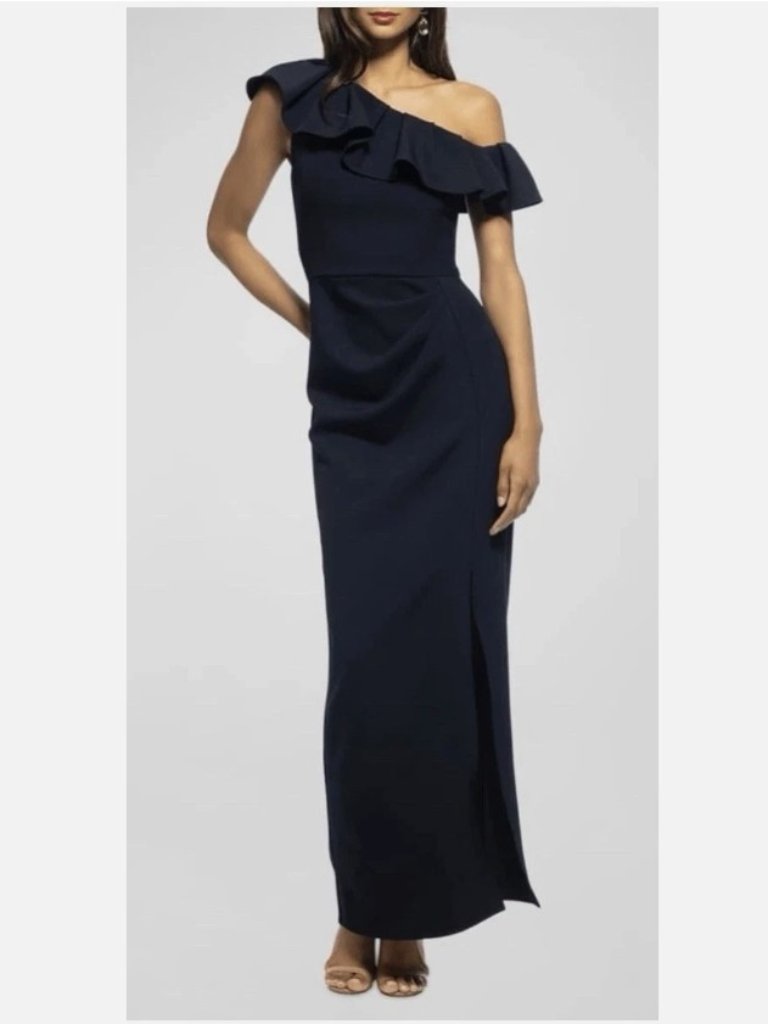 Nwot Shoshanna One-Shoulder Ruffle Crepe Column Navy Blue Gown Sz 6